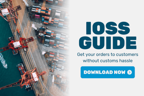 An aeriel image of port cranes and shipping containers. Right of the image is text reading "IOSS Guide: Get your orders to customers without customs hassle". Under the text is a button labeled "Download now"