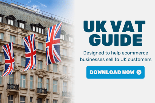 An image of three UK flags hanging between buildings. Right of the image is text saying "UK VAT Guide: Designed to help ecommerce businesses sell to UK customers". Below the text is a button labeled "Download now"