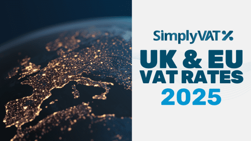 Image of a satellite view of Europe at night. To the left of the image are the words "UK & EU VAT Rates 2025"
