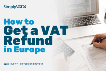 Text of the title of the blog "How to Get a Refund in Europe" and an image of a person filling out tax paperwork. On the desk in front of them is a laptop.