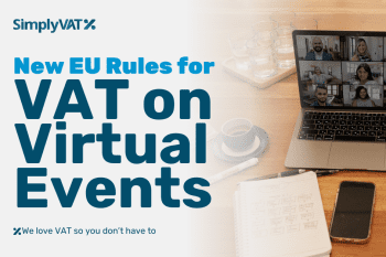 Text of the title of the blog "New EU Rules for VAT on Virtual Events" and an image of a laptop on a desk. The laptop screen shows the participants of a remote class.